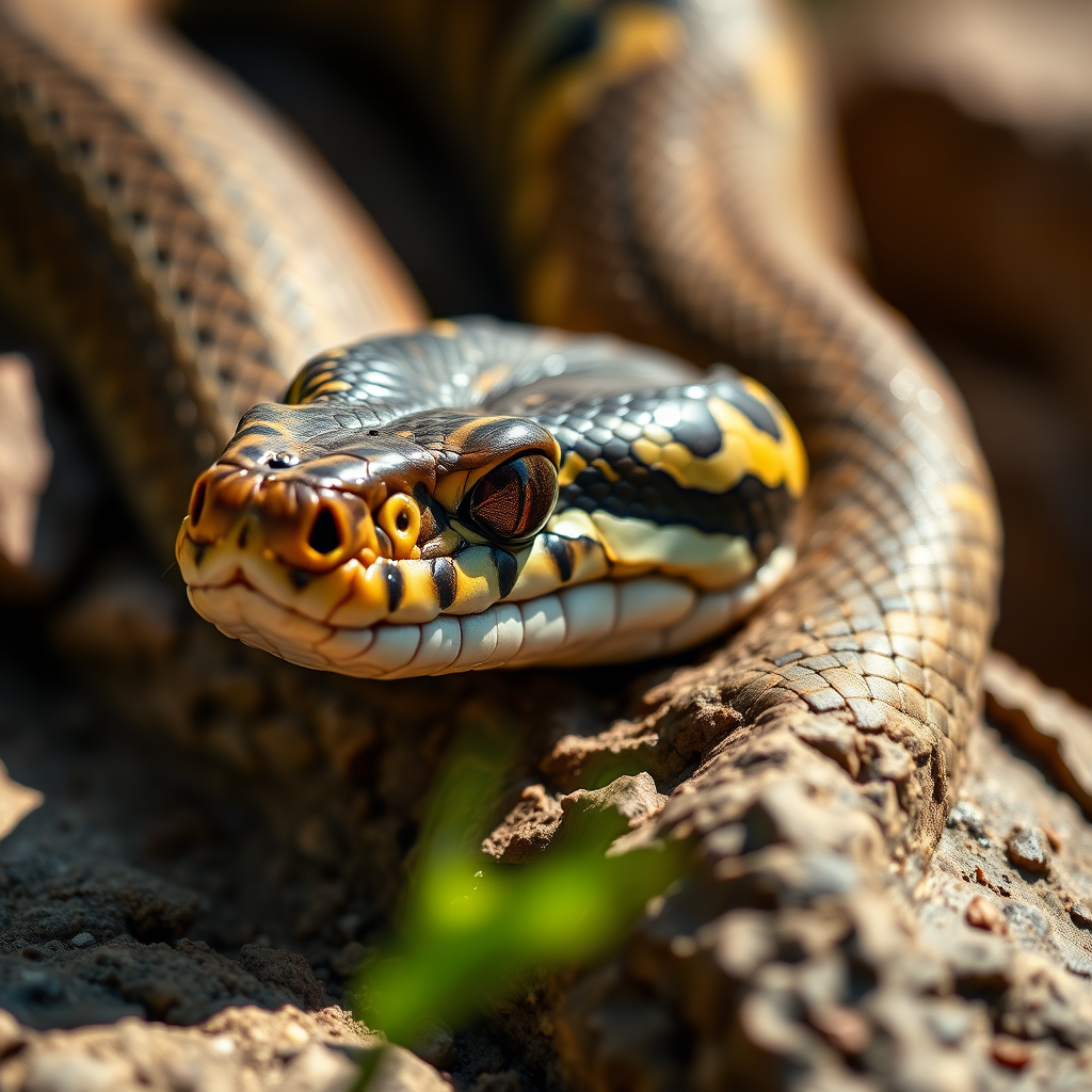 high-quality close-up of a snake resting on a rock, natural lighting, shallow depth of field, aperture f/2.8, ISO 200, 50mm lens, DSLR camera, focus on the snake's head and texture of the scales