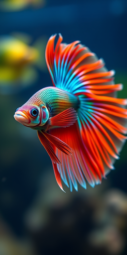 A vibrant betta fish with flowing fins and colorful patterns, photographed underwater in an aquarium using a macro lens at f/2.8, ISO 200, 1/125 sec, with a shallow depth of field to emphasize details and rich colors, shot in natural light.