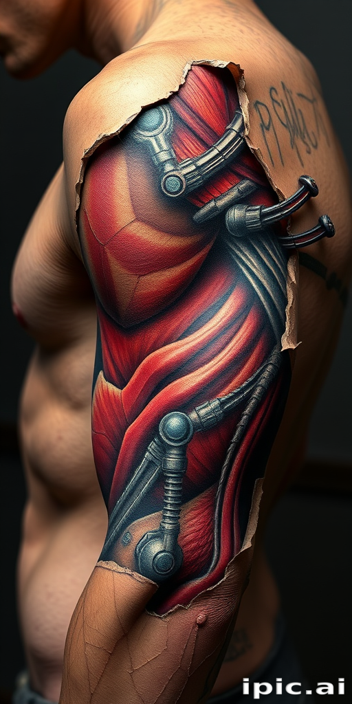 Realistic 3D tattoo titled "Skin Deep" creating the illusion of torn or peeled skin revealing hyper-realistic anatomical structures muscles or mechanical parts underneath