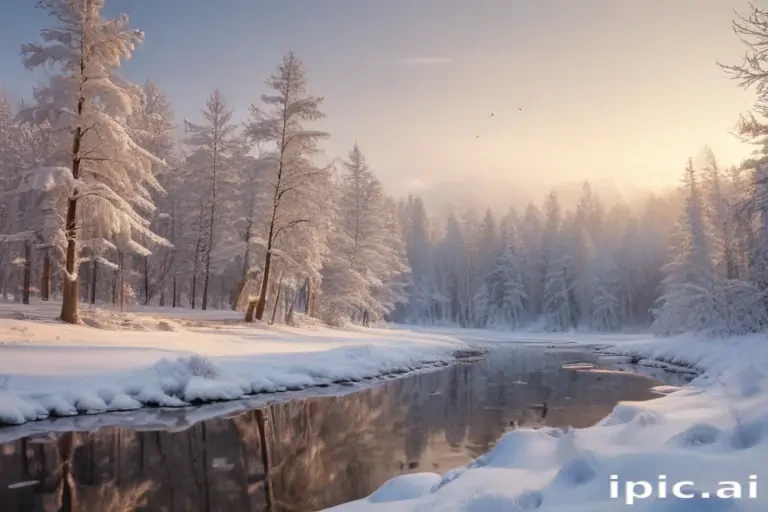 A Serene Winter Landscape with Snow-Covered Trees and Calm River ...