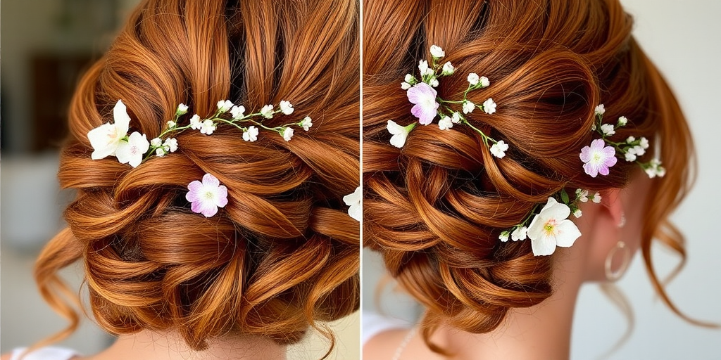 Romantic hair style displaying soft auburn waves pinned into a loose low chignon with delicate floral accessories woven throughout