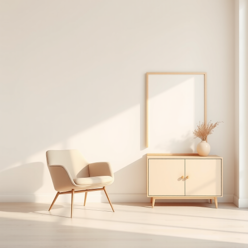 interior of a minimalist room featuring a light beige chair next to a modern low cabinet with a blank frame and a vase with dried flowers, soft natural light from a large window, shot with a DSLR camera at f/2.8, ISO 100, 50mm lens, golden hour lighting for warm tones