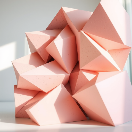 Create a high-resolution image of an abstract geometric sculpture composed of triangular shapes in soft pastel colors, captured with a Canon EOS R5, 50mm lens, f/2.8 aperture, ISO 100, in soft diffused lighting from the left, with a shallow depth of field to emphasize the textures.