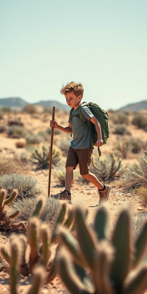A young hiker with a stick and backpack walking in a windy desert landscape with cacti in the foreground, captured with a full-frame DSLR, 50mm lens, f/1.8 aperture, natural lighting, and a slight vignette effect for depth.