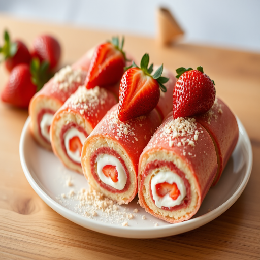 A plate of beautifully rolled strawberry cake slices with creamy filling, topped with fresh strawberries and a sprinkle of crumbs, presented on a wooden table with a blurred background.