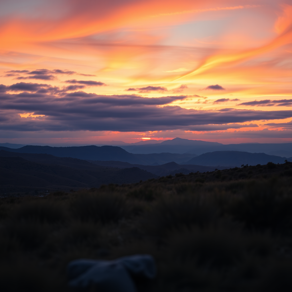 Generate a high-resolution image of a serene landscape at sunrise with vivid colors, using a DSLR camera with a 24mm lens, aperture set to f/8, ISO 100, and a shutter speed of 1/125 sec, shot from a wide-angle view to capture the expansive scenery.