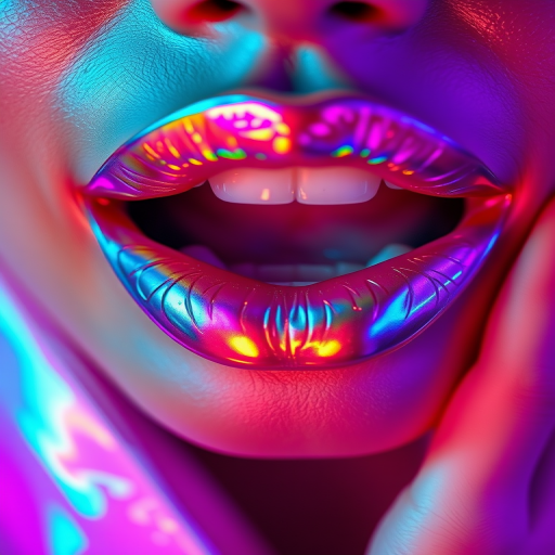 Holographic lips with iridescent rainbow hues, shifting colors as the light changes, creating a mesmerizing and futuristic appearance for a sci-fi inspired photoshoot