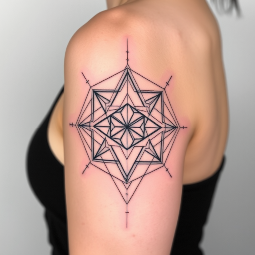 Minimalist blackwork tattoo called "Geometric Harmony" showcasing precise thin lines forming intricate overlapping shapes and sacred geometry patterns creating a striking contrast against the skin