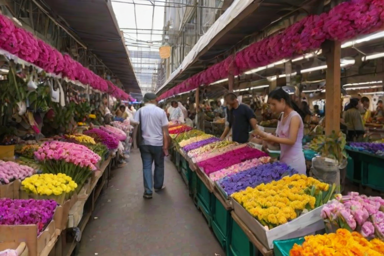 Bustling flower market, with rows of bright blooms in every color, the air filled with their sweet fragrance, and vendors arranging bouquets for eager customers.