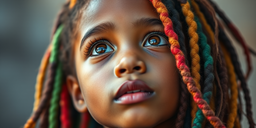 Create a portrait of a young girl with vibrant, multicolored dreadlocks, looking upward with expressive brown eyes, use a shallow depth of field, shot with a Canon EOS R5, 85mm lens, f/1.4, ISO 100, soft natural lighting for enhanced texture and detail.