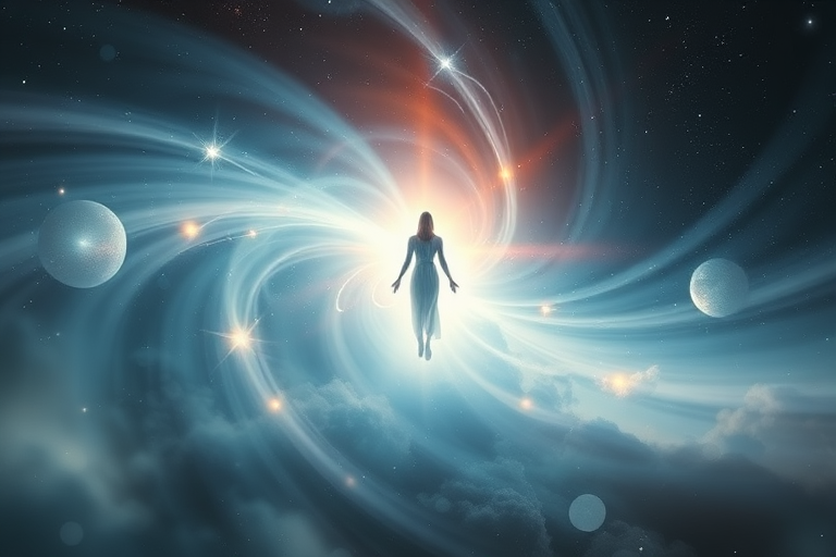Create a celestial scene featuring a luminous figure emerging from a swirl of ethereal light, captured with a Canon EOS R5, ISO 100, f/1.8, 24mm focal length, using a soft focus lens to enhance dreamy quality and a high dynamic range for vibrant colors.
