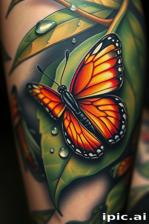 Realistic 3D tattoo illustrating a hyperrealistic butterfly perched on a dewdrop-covered leaf, lifelike details and shading creating an illusion of depth, vibrant colors bringing the scene to life