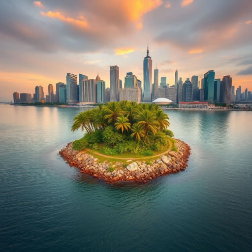 Capture a high-resolution image of a small island with lush greenery surrounded by calm water, featuring a modern city skyline in the background, golden hour lighting, using a DSLR camera with a 50mm lens, aperture set to f/8, ISO 100, shutter speed 1/200s, and a slight HDR effect.