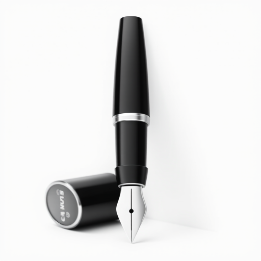 Create a high-resolution vector illustration of a sleek, modern fountain pen with a black and white color scheme, using a Canon EOS R5 camera, focal length 50mm, aperture f/1.8, ISO 100, in a studio setting with soft lighting to enhance details and contrast.