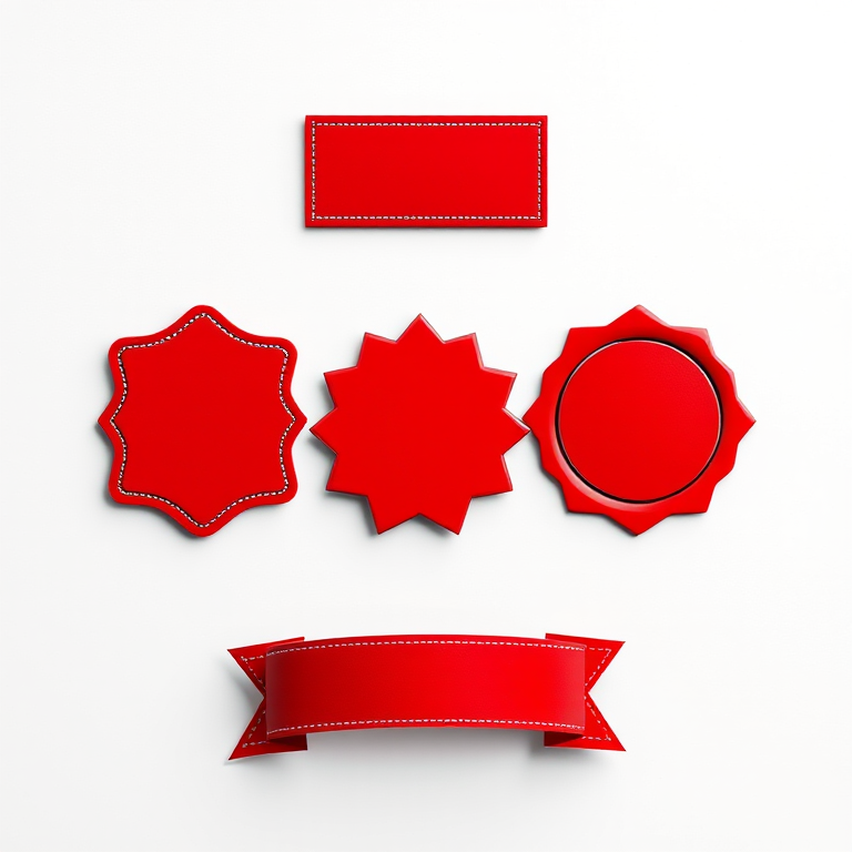 Create a high-resolution image of six distinct red labels in various shapes like rectangular, star, circular, and banner, featuring glossy effects and a subtle shadow, captured using a DSLR camera with a 50mm lens at f/2.8, ISO 100, and a soft focus background.
