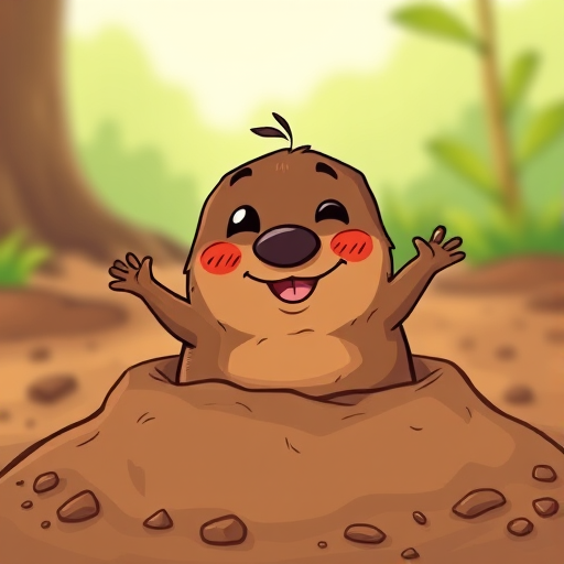 Create a cartoon-style illustration of a smiling cartoon mole emerging from a pile of dirt with a vibrant color palette and clear outlines, using a Canon EOS 5D Mark IV with a 50mm lens, aperture f/2.8, ISO 100, and a soft focus background for enhanced depth.