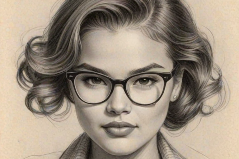 Splendid Paris Berelc, pencil sketch, portrait of Lovely woman 1936s in glasses, hair style beatnik, outline, clear lines, fine lines, 8k