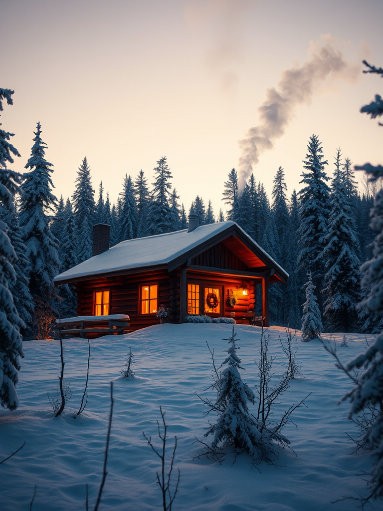 Warmly lit image of a rustic cabin nestled in a snow-covered forest, soft light glowing from the windows, with smoke curling from the chimney into the cold evening sky.