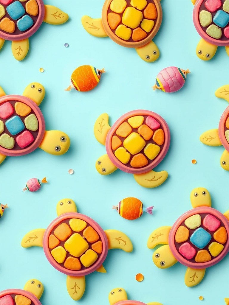 Create a seamless pattern of cute cartoon turtles and fish in vibrant colors on a light blue background, captured with a Canon EOS 5D Mark IV at f/8, ISO 100, 50mm lens, top-down view, flat lay style to enhance image clarity and detail.
