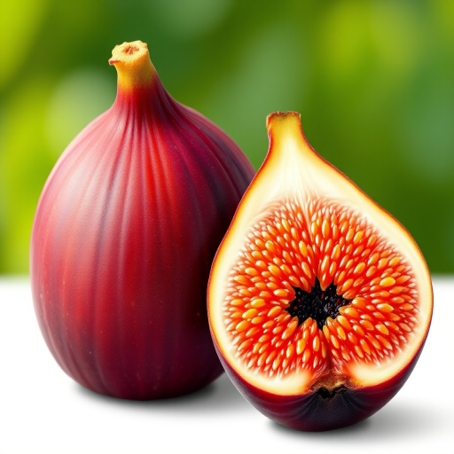 create a detailed illustration of a fresh fig fruit, showcasing both whole and sliced views, emphasizing vibrant colors and textures, shot with a DSLR camera at f/2.8, 50mm lens, soft natural lighting, and a shallow depth of field to enhance image quality.