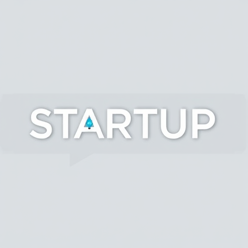 Create a minimalist vector graphic featuring the text "STARTUP" in a modern font, with a light bulb icon integrated into a speech bubble, using a color palette of bright blue and gray, captured with a Canon EOS R5, ISO 100, f/8, 1/125 sec, from a bird's-eye view for a fresh perspective.