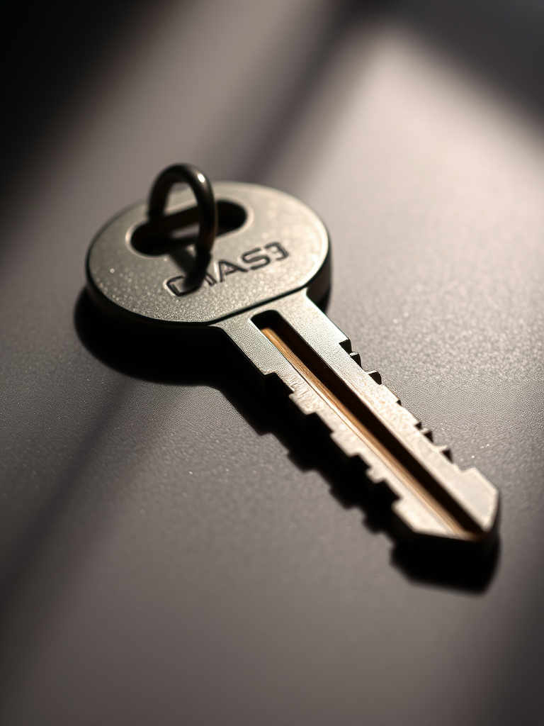 Create a high-resolution image of a metallic key with a smooth surface and sharp edges, using a DSLR camera with a 50mm lens, aperture set to f/2.8 for a shallow depth of field, ISO 100, and a focus on the key at a 45-degree angle for dramatic lighting and shadow effects.
