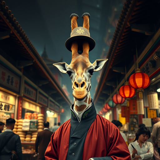 This is a surrealistic realistic photography with a Chinese style characterized by Confucianism and Taoism elegance. A realistic photograph captures an anthropomorphic giraffe in traditional Chinese Yuan Dynasty merchant's attire, in a lively marketplace, its towering height providing a view of the bustling activity below.