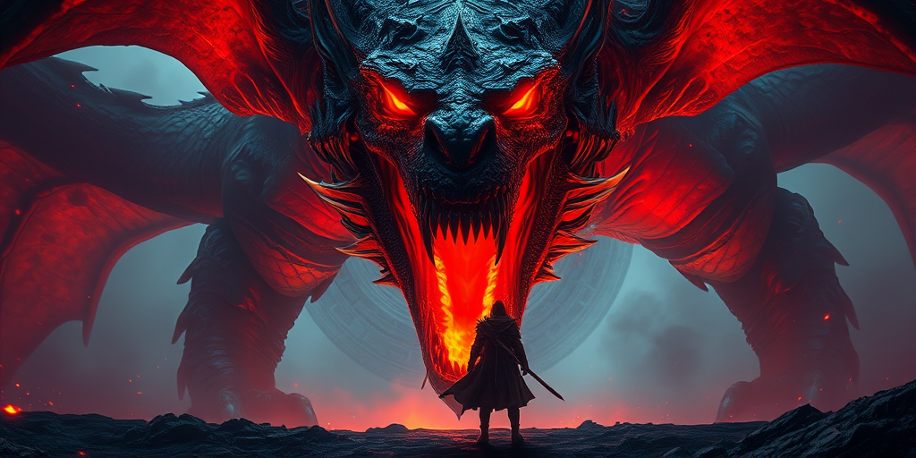 A dramatic scene of a warrior standing before a massive dragon with glowing red eyes and an open fiery mouth, captured with a full-frame camera at ISO 100, f/8 aperture, 1/250 sec shutter speed, wide-angle lens, low-angle view, and high dynamic range for enhanced detail and color.