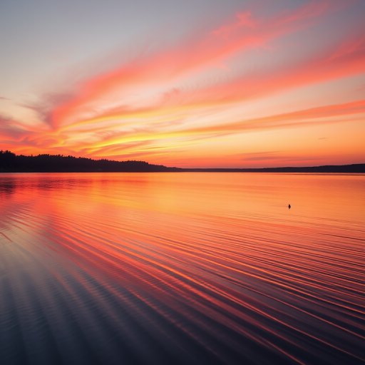 Create a high-resolution image of a serene sunset over a calm lake, with vibrant orange and pink hues reflecting on the water, using a Canon EOS R5 camera, 24mm lens, f/8 aperture, ISO 100, and a long exposure of 10 seconds to capture smooth water texture.