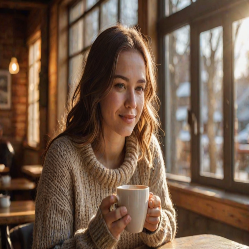 Warmly lit photo of a woman in her 20s, wearing a cozy sweater and sipping coffee at a rustic café, sunlight streaming through the large windows, casting a golden glow on her face.