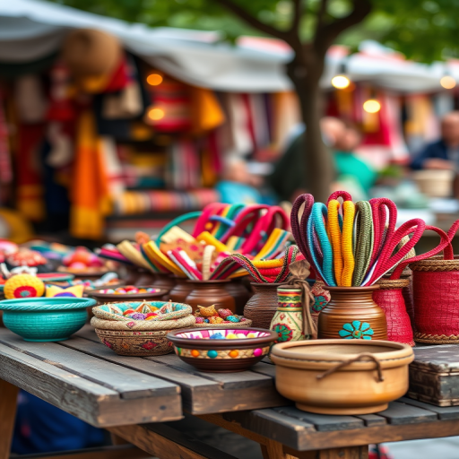 A vibrant outdoor market scene showcasing a variety of colorful handcrafted items displayed on a rustic table, captured with a Canon EOS R5 at f/2.8, 50mm lens, ISO 100, with a shallow depth of field to create a soft bokeh effect in the background.