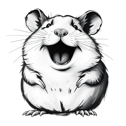 Abstract black and white acrylic portrait of an over exaggerated laughing (hamster). Minimalism style. White background.