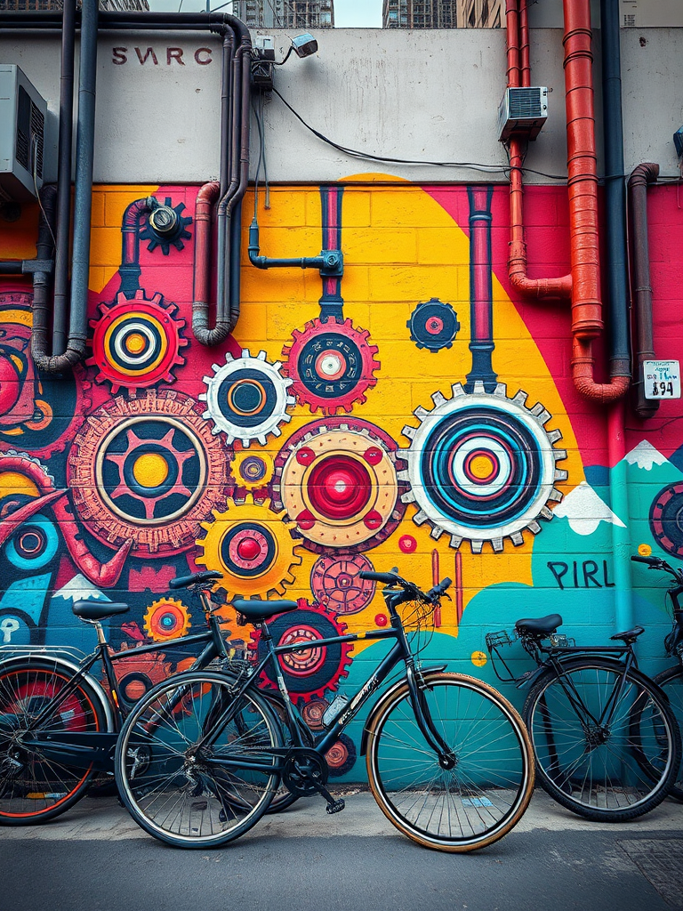 Generate a vibrant urban scene featuring a wall mural with gears and pipes, bicycles parked in front, captured with a DSLR camera at f/2.8 aperture, ISO 200, 24mm lens, shot in natural light from a low angle to enhance depth and detail.