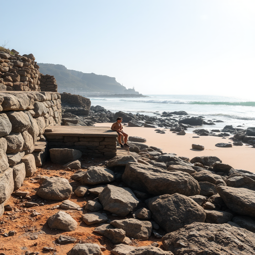 Regenerate an image of a serene beach scene with rocky coastline under bright sunlight, a person sitting casually against a stone wall, with rolling waves in the background, using a DSLR camera with a 24mm lens, aperture f/8, ISO 100, shutter speed 1/250s, capturing the vibrant colors and textures with a wide-angle view.