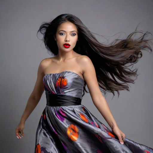 Photographic image of a beautiful young Kikuyu woman, red eyes, lips with black lipstick, long hair fluttering in the wind and wearing a silk strapless dress with a soft purple and orange print. monochrome image with only color highlights in the iris of the eyes, lipstick and dress. Gray background.