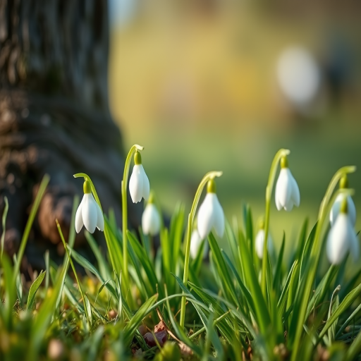Capture a close-up shot of white snowdrop flowers blooming on green grass near a tree trunk in soft natural light, using a DSLR camera with a 50mm lens, aperture set to f/2.8 for shallow depth of field, ISO 100 for maximum clarity, and a shallow angle view to enhance the foreground detail.