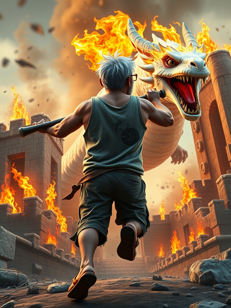 Cartoon 3D High-Resolution,dynamic battle scene using Unreal Engine 5 and Octane Render. The scene features back of an elderly, thai man with a beard,messy hair and round golden-rimmed glasses. He is wearing a tattered tank top with soot marks, shorts, and sandals. sweating. he wields a baseball bat. He jump to fight with a white fire-breathing Europe dragon amidst a partially destroyed stone castle. Include intense flames, smoke, and debris to enhance the dramatic effect.