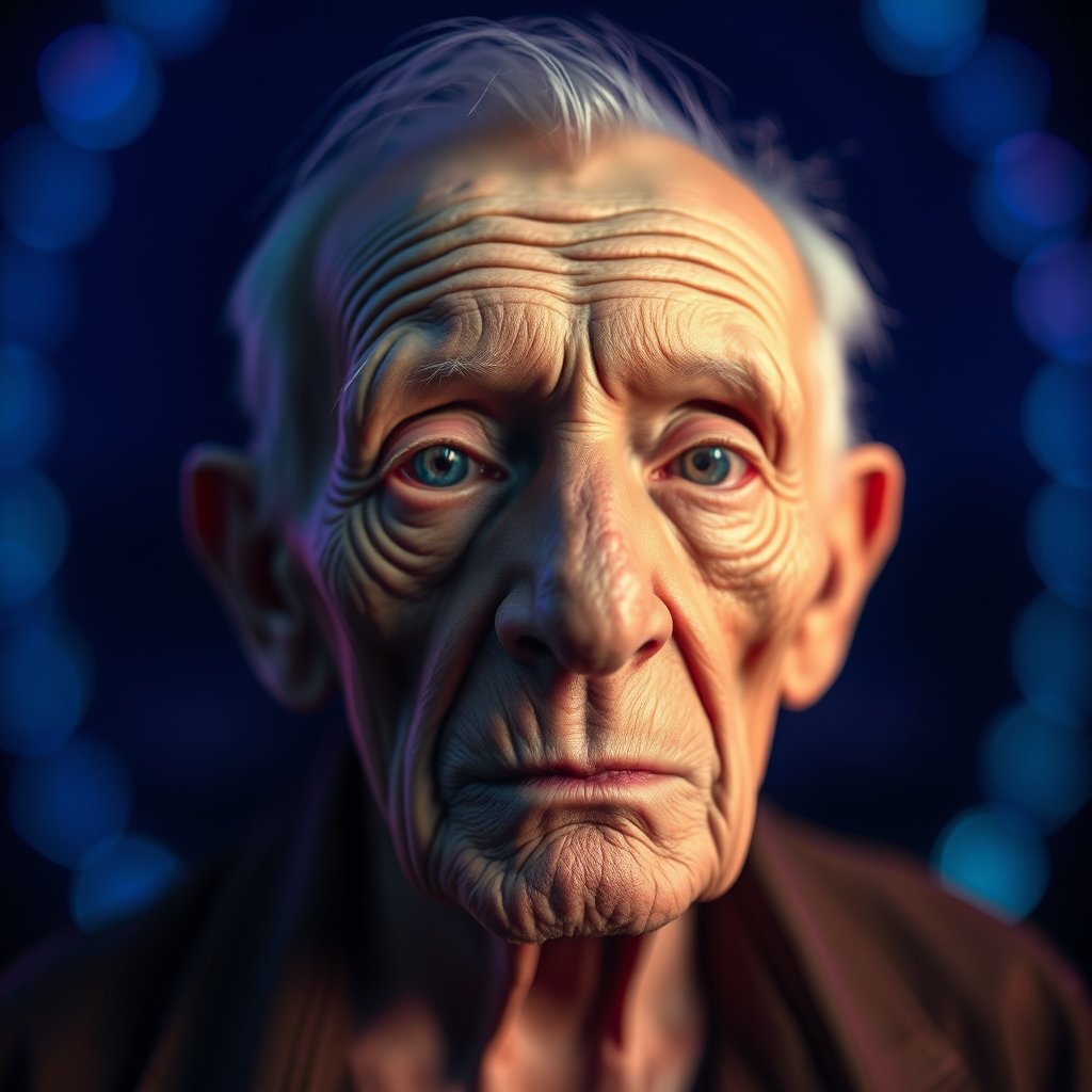 create a close-up perspective view fine art photography contemporary style of an elderly worn albino’s face with a soft, candid expression on a blurred sky black light background.Showcasing a modern style characterized by vibrant blacklight tones, using dramatic lighting and soft gradients to create a fine art atmosphere. The focus is on the light and facial features. motion light blur, neon backlit