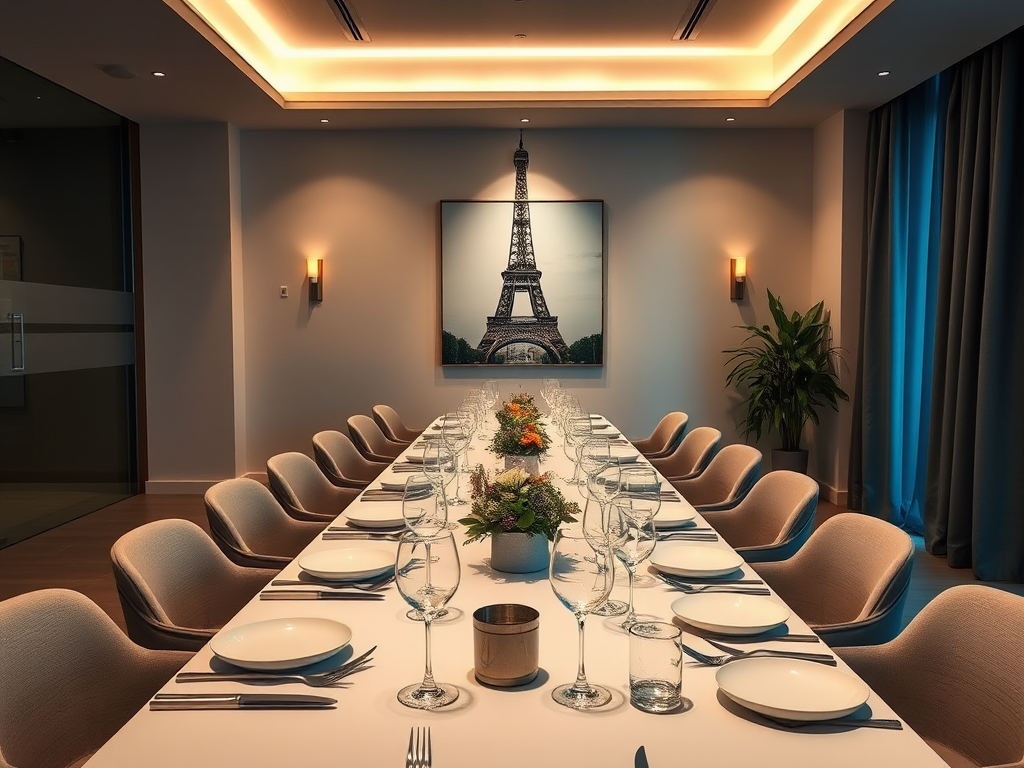 A modern dining room featuring a long table set with elegant tableware, softly lit with ambient lights, an Eiffel Tower picture on the wall, camera settings: f/2.8, ISO 400, shutter speed 1/60s, camera view: wide-angle, camera style: high dynamic range, camera type: DSLR.