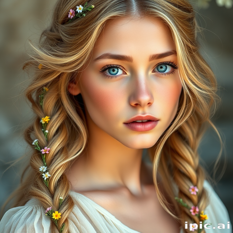 Create an image of a young woman with long, wavy blonde hair, adorned with small, colorful flowers woven into her braids and loose strands. Her complexion is fair, with soft, glowing skin, and she has light blue eyes that gaze softly at the viewer. She wears a light, flowing dress with a gentle, ethereal quality, complementing her delicate and serene appearance. The background is slightly blurred, drawing focus to her tranquil expression and the intricate details of the flowers in her hair. The overall mood of the image is one of natural beauty and grace, evoking a sense of peacefulness and connection with nature.