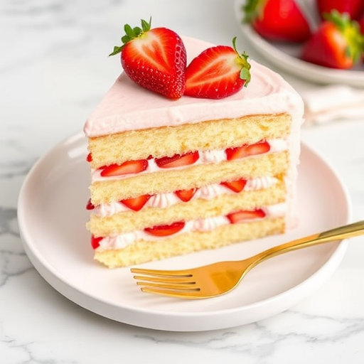 A slice of layered vanilla cake with strawberry filling and frosting topped with fresh strawberries on a white plate with a gold fork on a marble surface