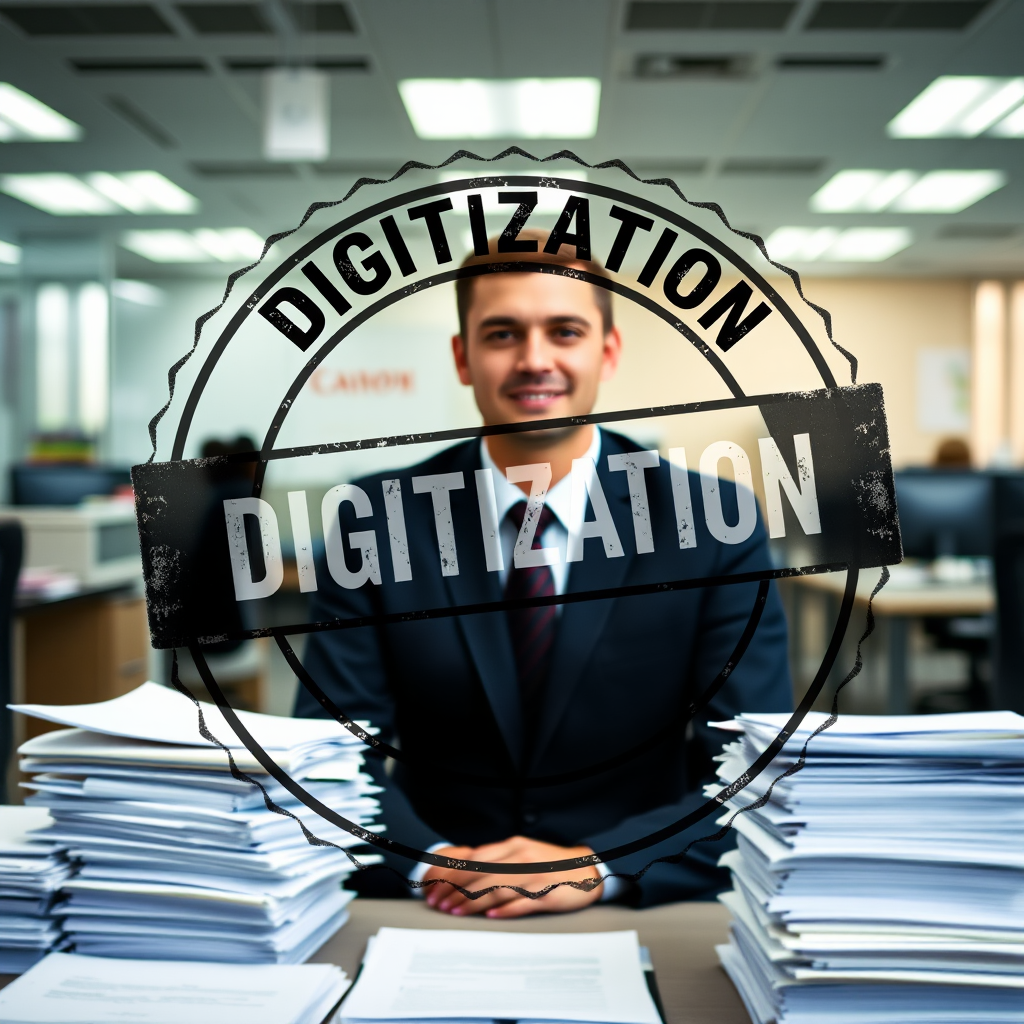 A professional-looking office setting with a person surrounded by stacks of paperwork, a large "DIGITIZATION" stamp overlay, shot with a Canon EOS R5 at f/2.8, ISO 100, 50mm lens, shallow depth of field for a blurred background, natural lighting.