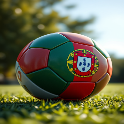 Create a high-resolution 3D rendering of a soccer ball featuring the Portuguese flag design, utilize a DSLR camera with a 50mm lens, aperture set to f/2.8, ISO 100, at a 45-degree angle for dynamic perspective, and soft natural lighting to enhance texture and color vibrancy.