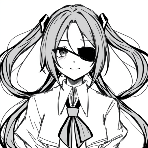 1girl, Best quality, quan,hyouuma,wanke,nikorashi-ka,sofra,you shimizu, voice actor connection, white background, looking at viewer, monochrome, hair between eyes, closed mouth, smile, cosplay, sketch, long hair, greyscale, eyepatch, twintails, low twintails, portrait, kagune (tokyo ghoul), solo, crossover, simple background,