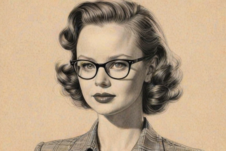 Wonderful Thora Birch, pencil sketch, portrait of Alluring woman 1940s in glasses, hair style beatnik, outline, clear lines, fine lines, 8k