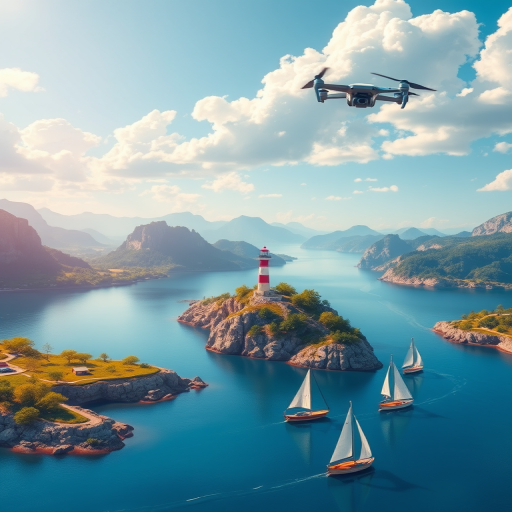 Create a vibrant digital illustration of a landscape featuring mountains, a lighthouse, and sailboats on a blue river, captured in 4K resolution with a wide-angle lens, f/8 aperture, ISO 100, using a drone for an aerial view, with a bright and sunny color palette.