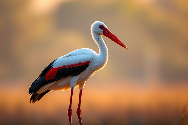 High-resolution image of a standing stork with vibrant colors, soft background, natural light, 50mm lens, f/2.8 aperture, ISO 100, shot at sunrise with a shallow depth of field, using a DSLR camera.