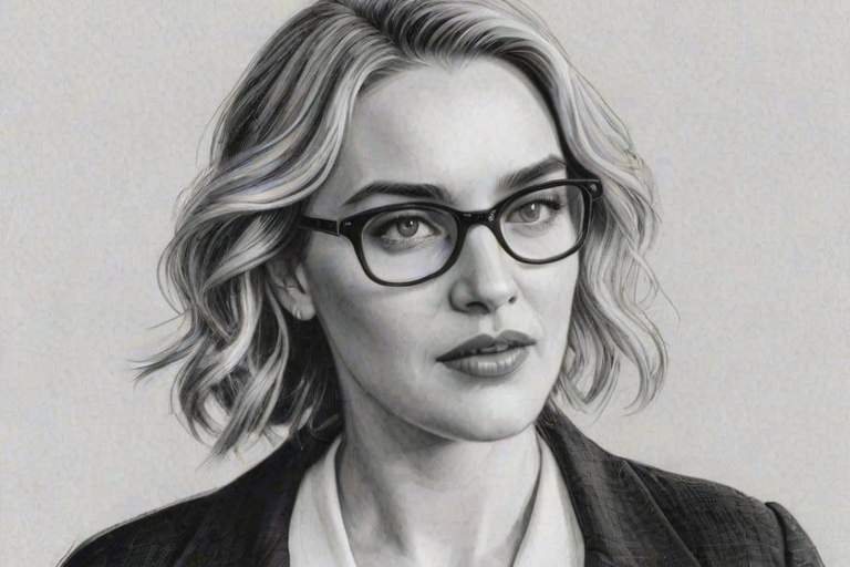 Radiant Kate Winslet, pencil sketch, portrait of Superb woman 1933s in glasses, hair style beatnik, outline, clear lines, fine lines, 8k