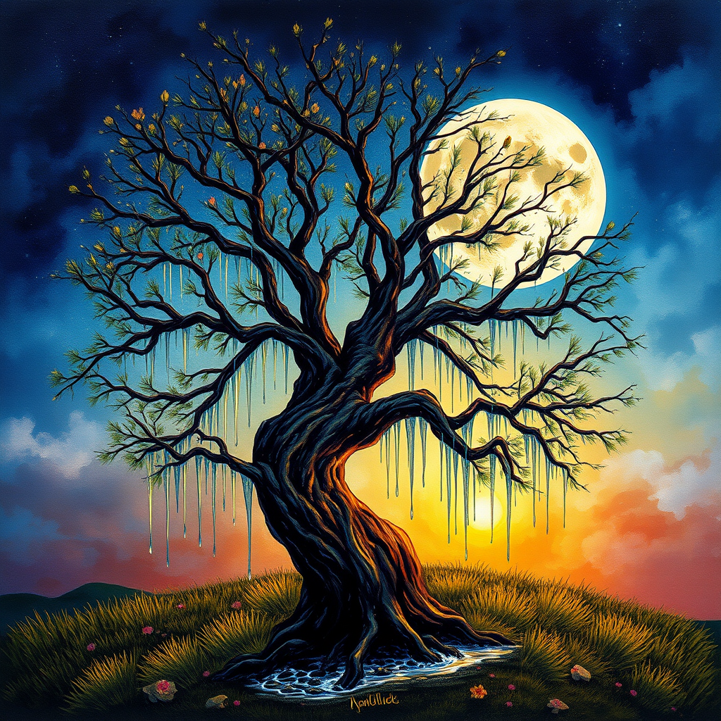 painting of a tree with a full moon in the background and water dripping from its branches, fantasy art, alcohol ink, 3D, 4K, HDRi