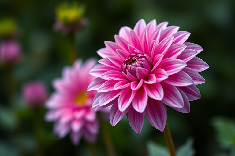 Capture a vibrant pink and white dahlia flower against a soft-focus green background, using a Canon EOS 5D Mark IV, 85mm lens, f/2.8 aperture, ISO 100, 1/200 sec shutter speed, with natural lighting to enhance color and detail.